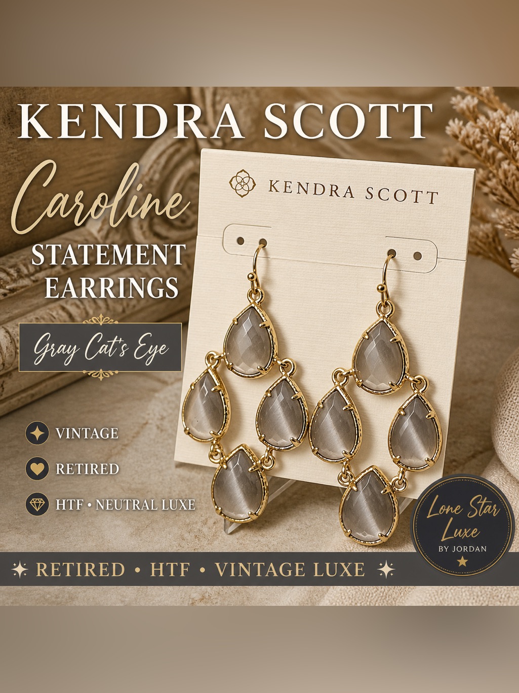 Vintage Kendra Scott Caroline Earrings Gray Slate Cat Eye Gold Retired Htf Luxe